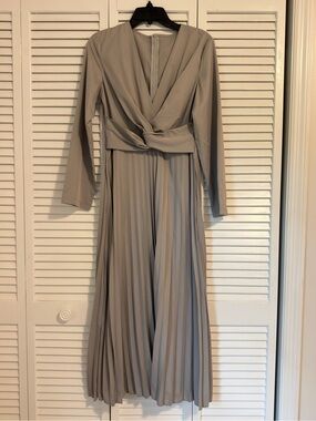 Pleated Midi Dress with Twist Waist in Taupe